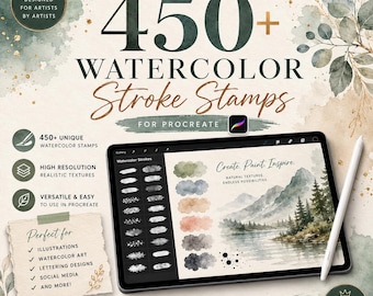 Más de 450 sellos de pinceladas de acuarela para Procreate / Set de pinceles de texturas realistas (descarga digital)