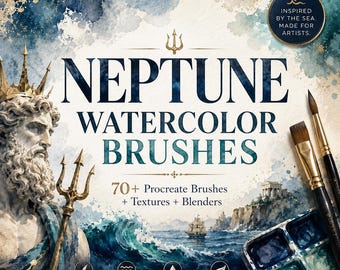 Más de 70 pinceles de acuarela Neptune para Procreate / Conjunto de pinceles de acuarela realistas, texturas de papel, delineadores finos y pinceles para difuminar