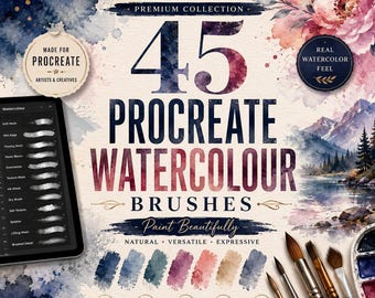 Paquete de 45 pinceles de acuarela para Procreate en iPad: set de pintura digital floral, de paisajes y retratos. Descarga instantánea.