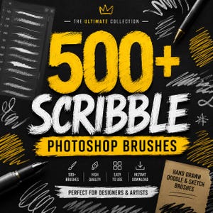 May include: A digital collection of 500+ scribble Photoshop brushes featuring yellow and white text on a black background. The image displays various hand-drawn doodle and sketch brush strokes, a digital brush menu, and two pens, with text indicating high quality and instant download.