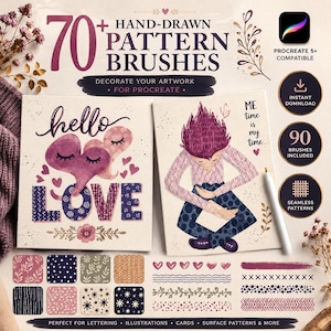 Könnte beinhalten: Ein digitales Produktset mit über 70 handgezeichneten Musterpinseln für Procreate. Die Darstellung zeigt zwei illustrierte Karten mit dem Text hello LOVE und ME time is my time, neben verschiedenen Musterfeldern, Linien und Symbolen.