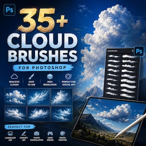 Op de afbeelding: Een digitale productadvertentie voor 35+ wolkenpenselen voor Photoshop, met een grote blauwe lucht met witte wolken, een tablet met een berglandschap en een paneel met verschillende witte wolkpenseelstreken op een zwarte achtergrond.