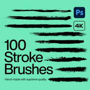 Può includere: Un'immagine su sfondo verde acqua presenta pennellate nere. Il testo recita "100 Stroke Brushes" e "Hand-made with supreme quality". Sono presenti anche le icone "Ps" e "4K".