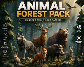 Conjunto de animales del bosque de Poly Art / Paquete de vida salvaje de baja poli en 3D / Jabalíes, osos, ciervos, alces, zorros, lobos, tigres, panteras / Animaciones listas para juegos