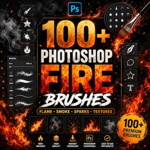 May include: A digital art graphic featuring a fiery design with the text "100+ Photoshop Fire Brushes". The image includes brush icons, smoke, sparks, and flame textures, with the Photoshop logo and the words "Flame, Smoke, Sparks, Textures".