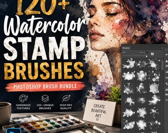 Más de 120 pinceles de sellos de acuarela para Photoshop, texturas realistas (descarga digital)