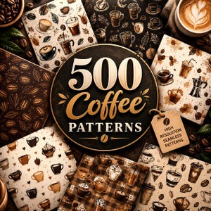 500 kaffemönster digitalt papper | Cafébakgrunder, sömlösa designer (digital nedladdning)