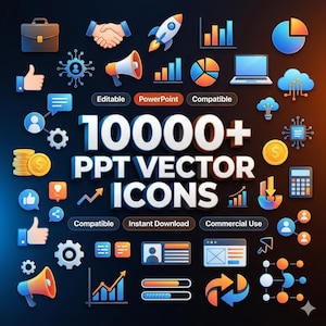 May include: A collection of 3D-rendered business and technology icons, including a briefcase, handshake, rocket, charts, and a laptop. The text reads "10000+ PPT VECTOR ICONS" with additional labels like "Editable" and "Instant Download."