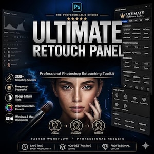 Op de afbeelding: De Ultimate Retouch Panel software-interface voor Adobe Photoshop, met een donker thema met witte tekst, een centraal gesplitst portret dat huidtextuurverbetering toont, en diverse gereedschapsmenu's voor retoucheren en kleur.