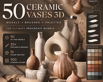 Más de 70 muestras de jarrones de cerámica 3D para Procreate / Paletas de colores neutros y terracota / Paquete de colores digitales