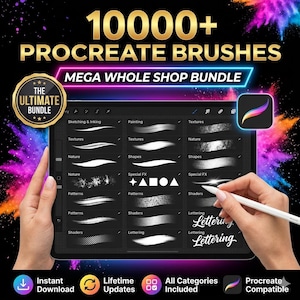 Könnte beinhalten: Werbung für ein digitales Kunstpaket, das ein Tablet mit Procreate-Pinseln zeigt. Das Bild zeigt prominent den Text "10000+ Procreate Brushes" und "Mega Whole Shop Bundle". Weitere Texte sind "Instant Download" und "Lifetime Updates".