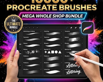 Más de 10 000 pinceles para Procreate Mega Bundle / Paquete de texturas de sellos / Pinceles para bocetos, acuarelas, tinta, cabello, purpurina, grano y anime
