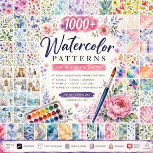 Könnte beinhalten: Digitales Grafikdesign mit über 1000 Aquarellmustern. Das Bild zeigt eine Aquarellpalette, einen Pinsel und eine große rosa Blume. Der Text lautet "1000+ Watercolor Patterns" und listet Merkmale wie Blumenmuster und Tiere auf.