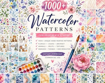 Paquete de más de 1000 patrones de acuarela / Texturas digitales sin costuras, papel para scrapbooking, Procreate y recursos de diseño para manualidades.