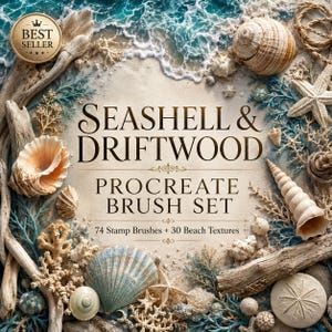 Puede incluir: Un conjunto de pinceles Procreate Seashell & Driftwood que incluye 74 sellos y 30 texturas de playa. El texto está rodeado por un marco de diversas conchas, estrellas de mar, madera flotante y elementos de coral azul.