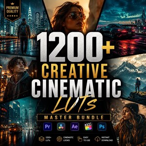 May include: A digital product bundle titled 1200+ Creative Cinematic LUTs Master Bundle featuring a collage of cinematic photography including cityscapes, mountain vistas, and portraits, with software icons for Pr, DaVinci, Ae, FCP, and Ps.
