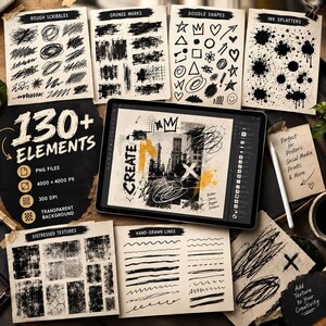 May include: A digital design asset collection featuring 130+ black and white graphic elements including rough scribbles, grunge marks, doodle shapes, ink splatters, distressed textures, and hand-drawn lines displayed on a tablet screen.