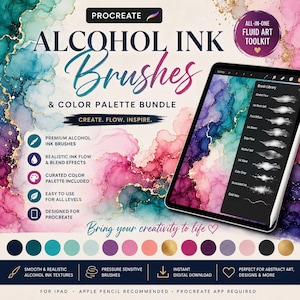 Op de afbeelding: Digitale kunstbundel voor Procreate met alcoholinkt penselen en een kleurenpalet. De afbeelding toont een tablet met de penselenbibliotheek, met de tekst "Alcohol Ink Brushes & Color Palette Bundle". Bevat de tekst "Bring your creativity to life".