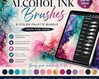 Pinceles de tinta de alcohol para Procreate + Paquete de paleta de colores / Pinceles de textura de tinta de acuarela para dibujo en iPad