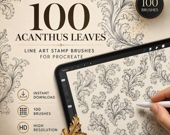 100 Akanthusblätter Procreate Pinsel | Line Art Stempel | Blumen Schablonen Pinsel Set | Digitale Zeichenwerkzeuge