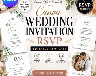 Paquete de plantillas de invitación de boda editables en Canva para tarjeta de confirmación de asistencia (RSVP) con descarga instantánea.