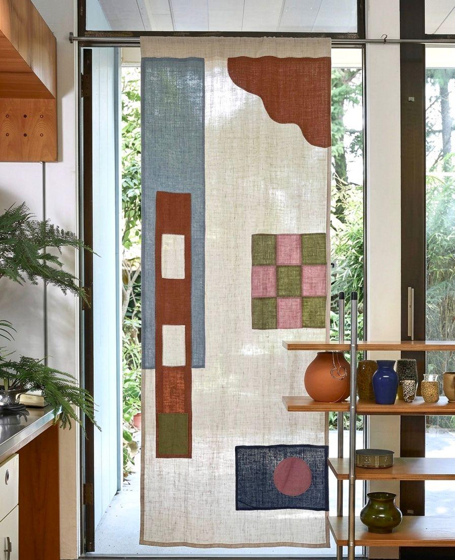 Abstract Linen Doorway Curtain | Handmade Linen Noren Curtain | Contemporary Folk Art Door Panel | Custom Size Dopamine Decor Drape - 55"x102"- 140x260cm