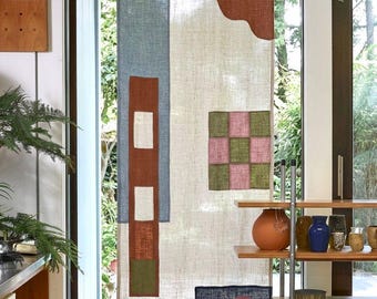 Minimalist Boho Linen Curtain Panel | Geometric Applique Noren style | Handcrafted Home Decor, Custom Size