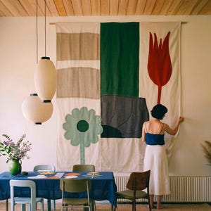 Abstrakt blommig väggbonad, tygväggkonst gobeläng, modern folkkonstdekor, japansk textilväggdekor, lapptäcke i anpassad storlek