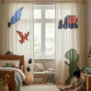 Cortinas de dinossauro para quarto infantil, cortinas de linho feitas à mão para quarto de crianças, decoração ecológica para quarto de meninos, cortinas personalizadas para sala de jogos.