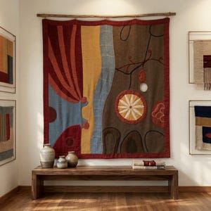 May include: A large rectangular textile wall hanging suspended from a wooden rod, featuring abstract shapes in red, yellow, blue, and brown. The design includes a central flower motif, stitched lines, and organic patterns. Three ceramic vases sit on a wooden bench.