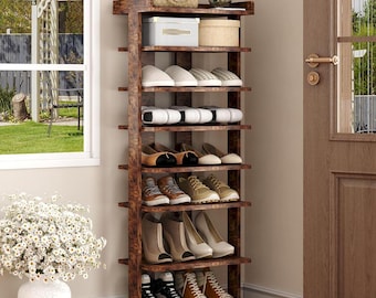 7 Tier Wooden Shoe Rack, Double Row Vertical Organizer for Entryway, Closet, Hallway