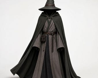 May include: A dark charcoal gray wizard costume featuring a tall pointed hat with a brown leather band, a long hooded cloak, and a layered robe. The ensemble includes a brown leather belt with a small attached pouch and dark brown boots.