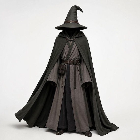 Medieval Wizard Costume | Fantasy Mage Robe with Hooded Cloak | Renaissance Wizard Outfit | LARP Cosplay Costume | Sorcerer Robe