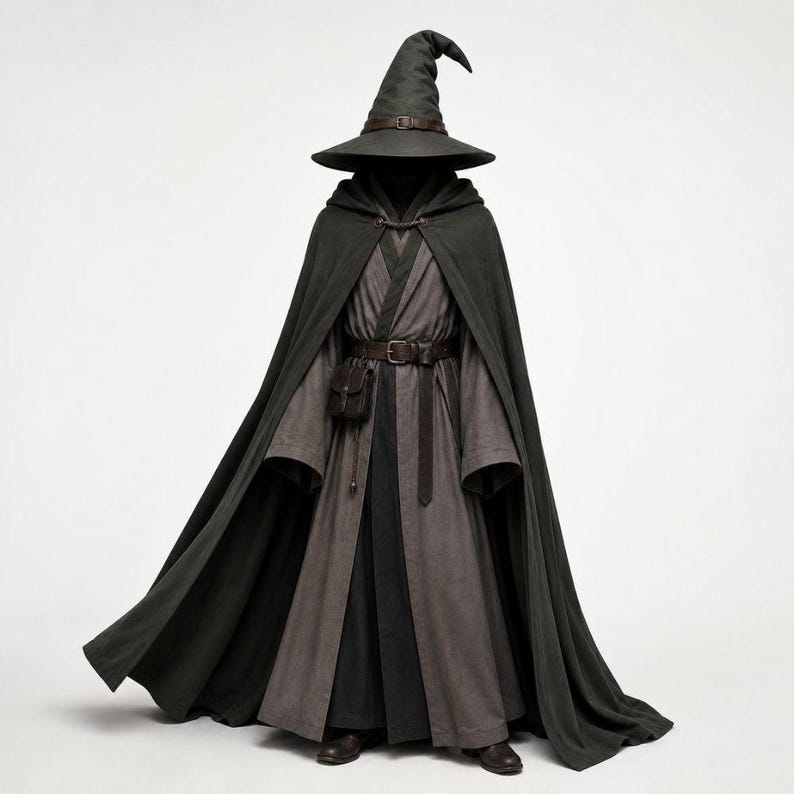 May include: A dark charcoal gray wizard costume featuring a tall pointed hat with a brown leather band, a long hooded cloak, and a layered robe. The ensemble includes a brown leather belt with a small attached pouch and dark brown boots.