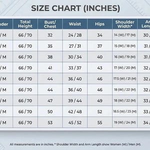 May include: A size chart table titled SIZE CHART (INCHES) with columns for Size, Gender, Total Height, Bust/Chest, Waist, Hips, Shoulder Width, Arm Length, and Inseam. Rows list sizes from XS to 4XL with corresponding numerical values in inches.