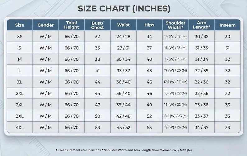 May include: A size chart table titled SIZE CHART (INCHES) with columns for Size, Gender, Total Height, Bust/Chest, Waist, Hips, Shoulder Width, Arm Length, and Inseam. Rows list sizes from XS to 4XL with corresponding numerical values in inches.
