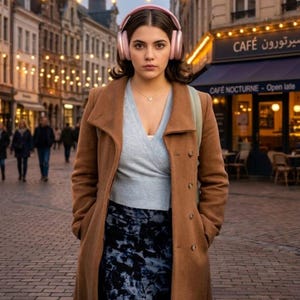 May include: A pair of rose gold over-ear headphones worn over a light blue v-neck sweater, a brown wool coat, and a dark patterned skirt. The headphones feature a smooth, rounded design with cushioned ear cups and a wide, padded headband.
