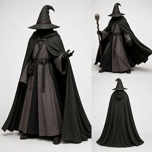 May include: A dark gray wizard costume featuring a long hooded cloak, a matching wide-brimmed pointed hat with a brown leather-style belt, a long robe with a brown waist belt, and a tall wooden staff topped with a spherical ornament.