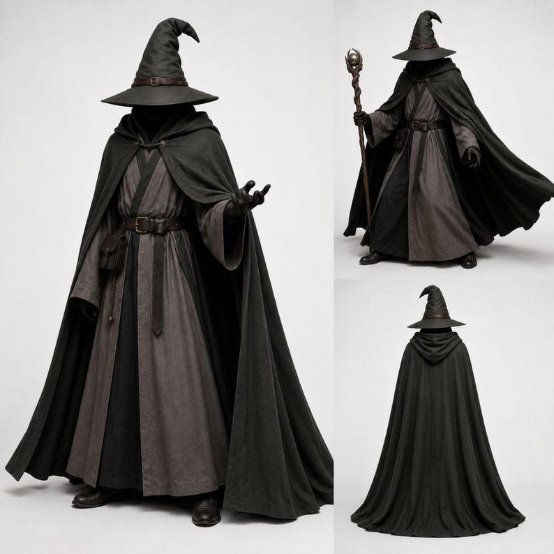 May include: A dark gray wizard costume featuring a long hooded cloak, a matching wide-brimmed pointed hat with a brown leather-style belt, a long robe with a brown waist belt, and a tall wooden staff topped with a spherical ornament.