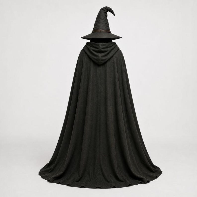 May include: A floor-length black cloak featuring a hood and a matching pointed hat. The cloak is made of a solid dark fabric that drapes down to the floor, while the hat includes a dark band around the base of the crown, creating a cohesive set.