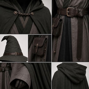 May include: A dark gray hooded cloak with a metal chain clasp, a pointed hat with a brown leather belt, a dark brown leather belt with a buckle, and a small leather pouch. The ensemble features layered dark gray and black fabric textures.