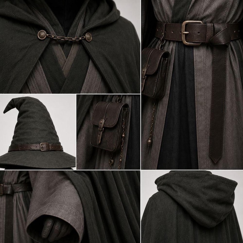 May include: A dark gray hooded cloak with a metal chain clasp, a pointed hat with a brown leather belt, a dark brown leather belt with a buckle, and a small leather pouch. The ensemble features layered dark gray and black fabric textures.