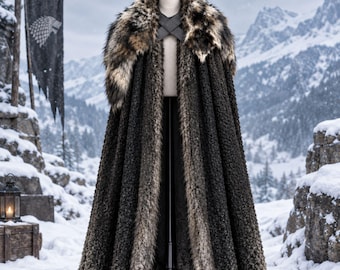 Men's Black Medieval Cloak | Fur Trimmed Fantasy Cape | Gothic Renaissance Outerwear | Viking Costume Mantle | Winter Cloak