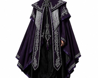 May include: A deep purple cape featuring intricate silver embroidery along the edges and a high collar with two black buckle straps. The garment includes a layered shoulder design, a long flowing silhouette, and a dark inner lining.