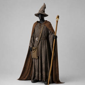 Könnte beinhalten: Ein braunes Zaubererkostüm bestehend aus einem langärmeligen Gewand, einem passenden Kapuzenumhang und einem spitzen Hut. Das Outfit umfasst einen braunen Gürtel mit silberner Schnalle, eine Umhängetasche und einen hohen hölzernen Stab.