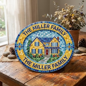 Puede incluir: Un letrero redondo de mosaico para la casa con el texto "THE MILLER FAMILY" en azul. El letrero presenta una casa amarilla con un tejado azul y una puerta roja, rodeada por un borde de mosaico azul y amarillo. El letrero se muestra sobre una mesa de madera.