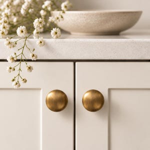 May include: Two circular cabinet knobs with a brushed brass finish are mounted on white shaker-style cabinet doors. The knobs have a smooth, rounded profile and a metallic gold-toned surface that reflects light in a soft, vertical pattern.