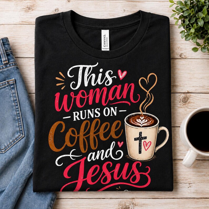 Puede incluir: Camiseta negra con el texto "This woman runs on coffee and Jesus". El dise&ntilde;o incluye una taza de caf&eacute; con una cruz y un coraz&oacute;n, y una escritura decorativa. La camiseta est&aacute; doblada sobre una superficie de madera.