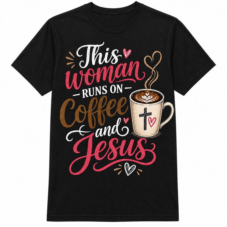 Puede incluir: Camiseta negra con el texto "This woman runs on Coffee and Jesus". El dise&ntilde;o incluye una taza de caf&eacute; con una cruz y un coraz&oacute;n, y una escritura decorativa. La camiseta es de cuello redondo.
