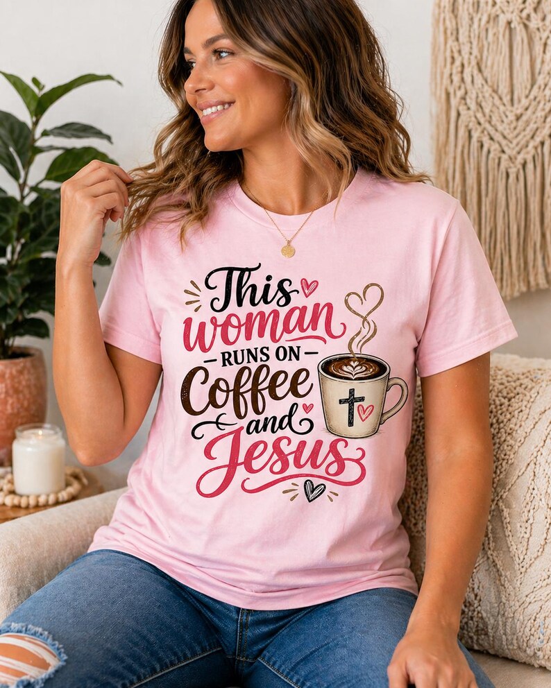 Puede incluir: Camiseta rosa claro con el texto "This woman runs on coffee and Jesus" en letras negras y rojas. El dise&ntilde;o incluye una taza de caf&eacute; con una cruz y corazones.